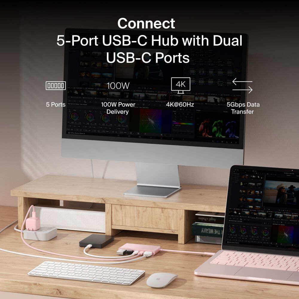 5-Port USB-C Hub with Dual USB-C Ports for MacBook Neo, Blush Pink, hi-res