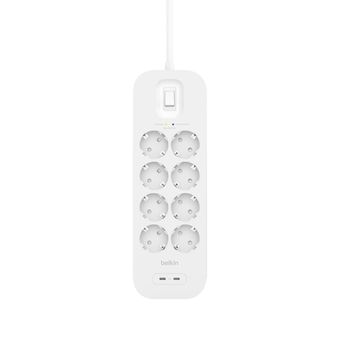 Regleta con protección contra sobretensiones de ocho enchufes y dos puertos USB-C, , hi-res