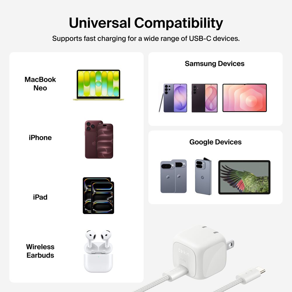 Compact USB-C Charger 30W + Braided USB-C Cable for MacBook Neo, Silver, hi-res