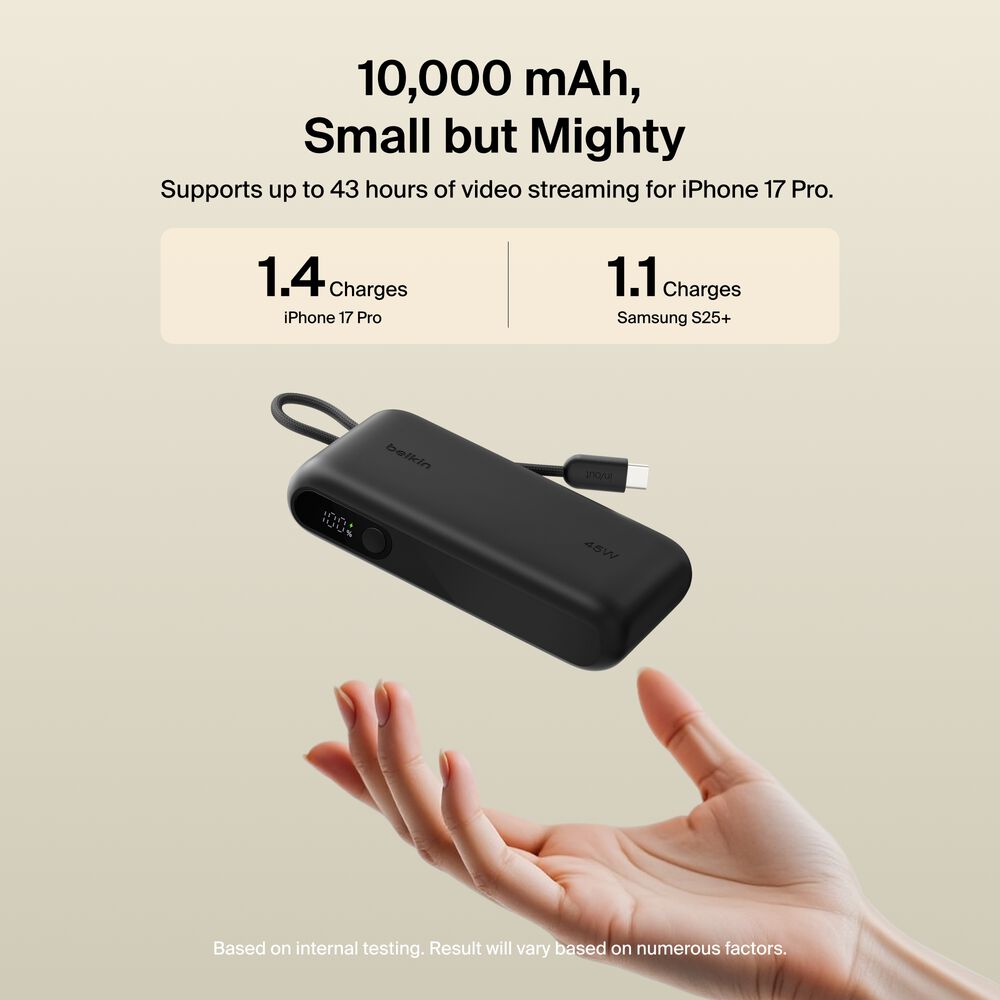 Power Bank 10K with Integrated Cable and Display, Black, hi-res