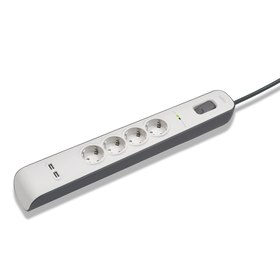 Spanningsbeveiliger met 4 stopcontacten en USB-laadpoorten (2,4 A), White/Gray, hi-res