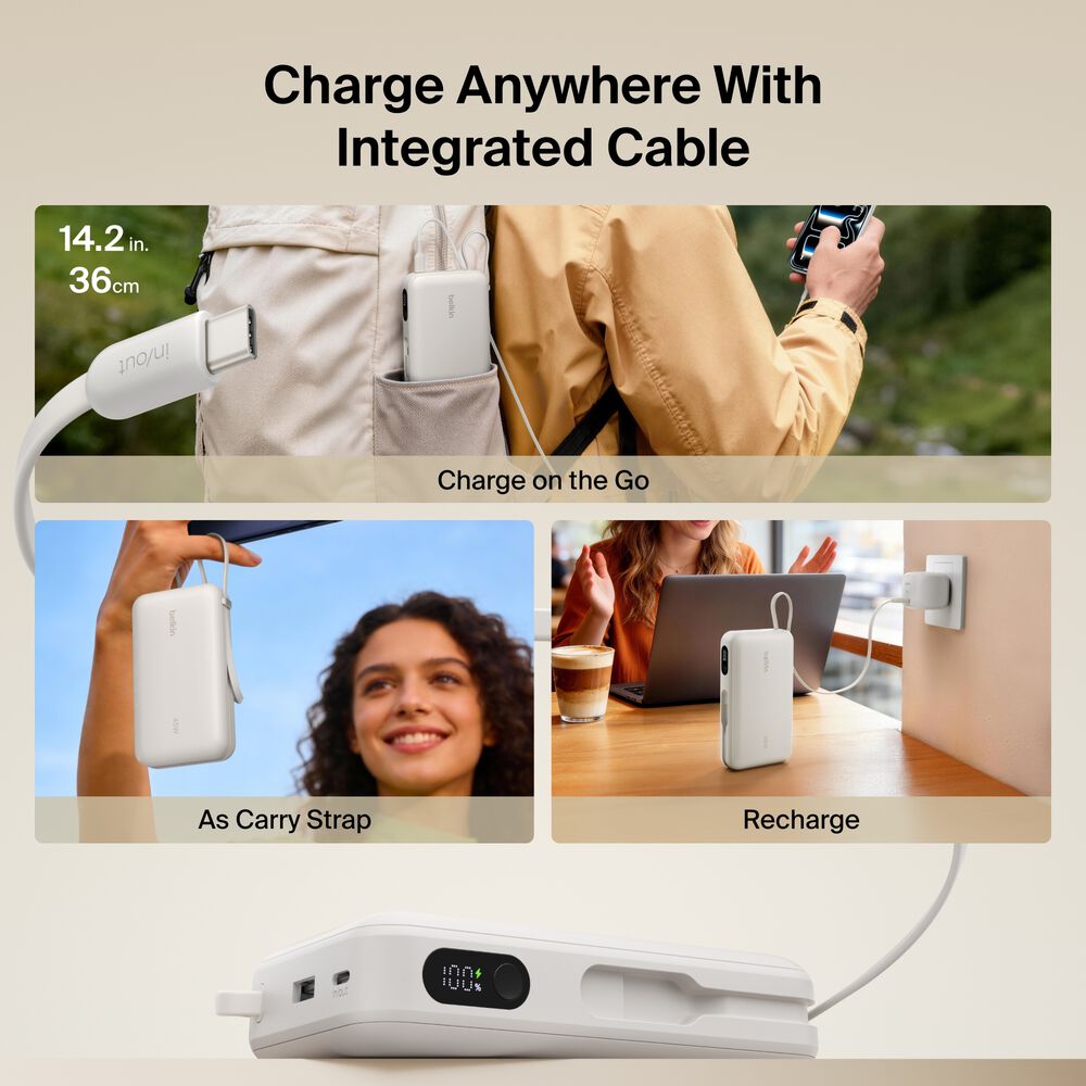 Power Bank 20K with Integrated Cable and Display, Sand, hi-res