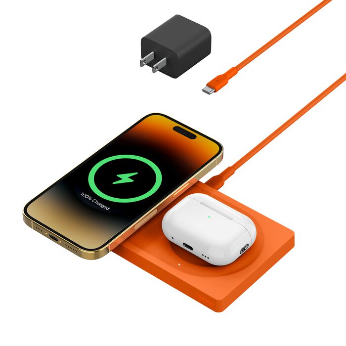Orange Belkin WIZ019ttOG 2-in-1 charging pad, one of the four options in our wireless charger guide