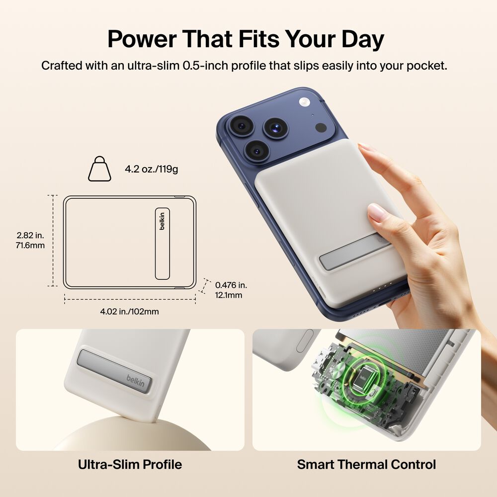Slim Magnetic Power Bank 5K with Qi2, Sand, hi-res