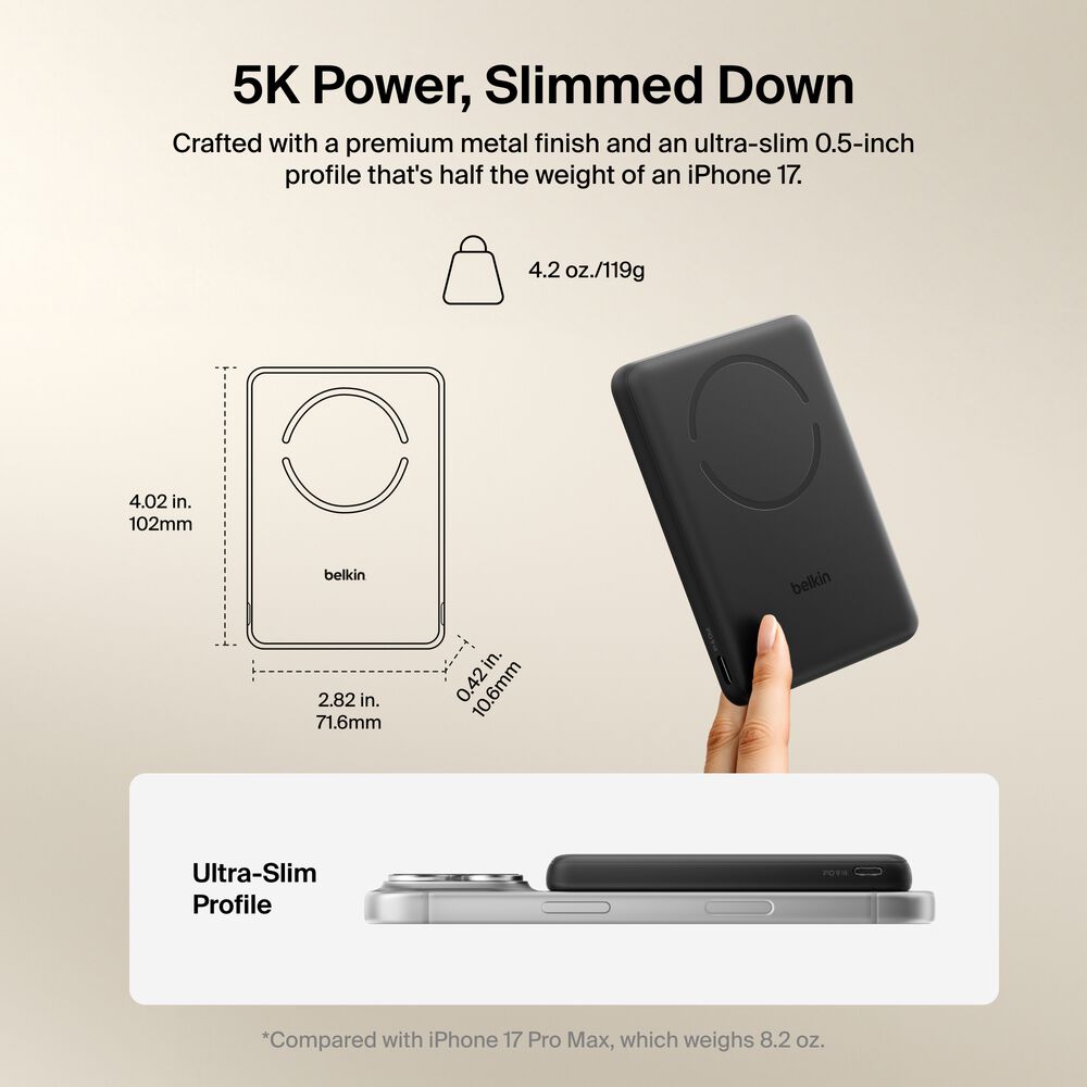 Slim Magnetic Power Bank 5K, Black, hi-res