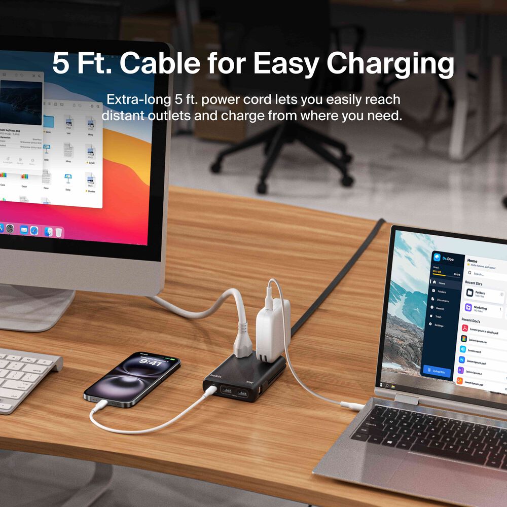 2-Outlet Charging Station with USB Ports and USB-C Cable 70W, Black, hi-res