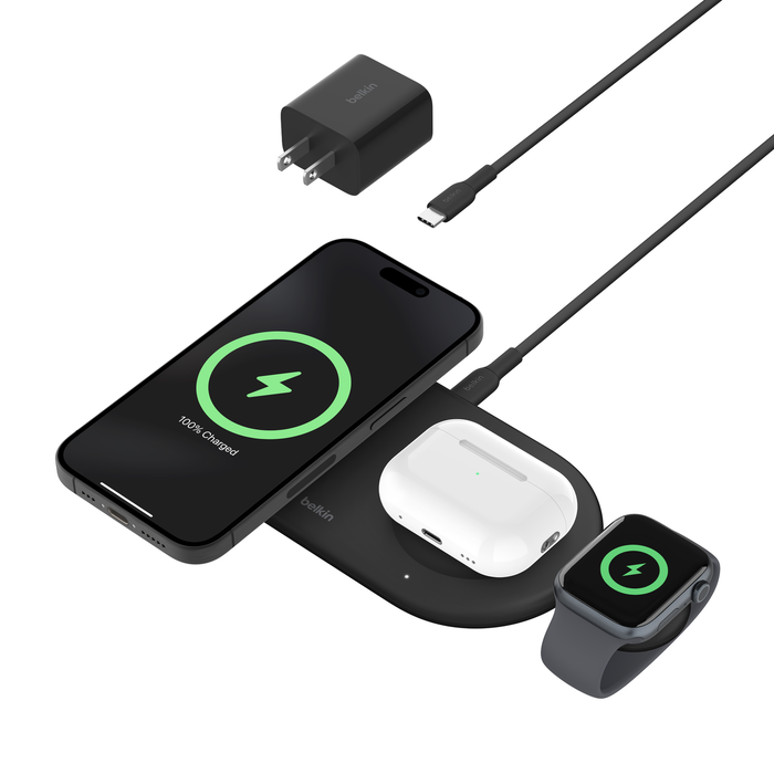 3-in-1 Magnetic Wireless Charging Pad with Qi2 15W, Black, hi-res