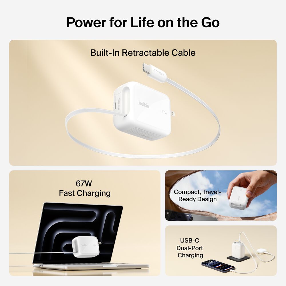 Retractable GaN Wall Charger 67W, , hi-res