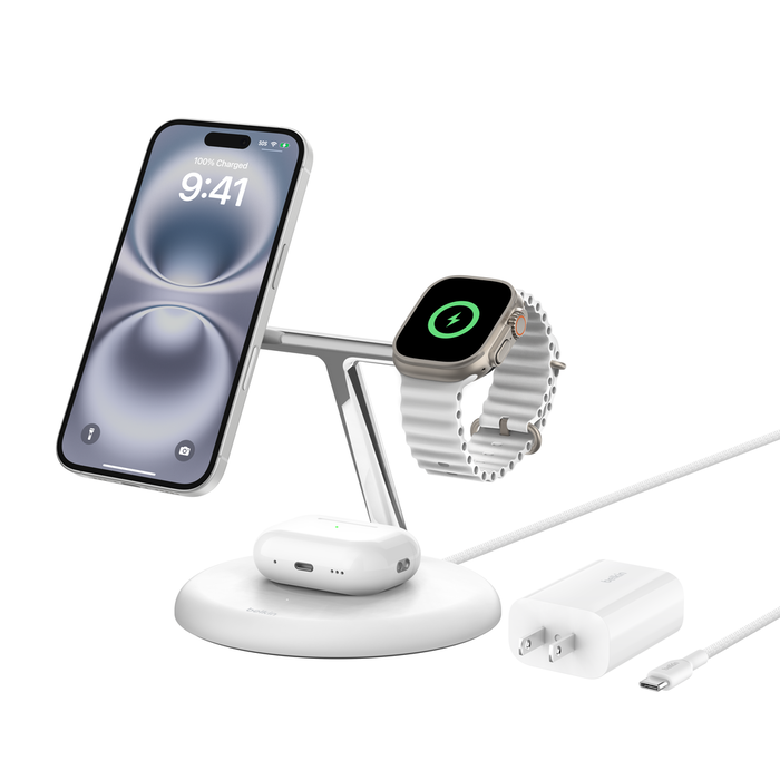 3-in-1 Magnetic Wireless Charging Stand with Qi2 15W, MagSafe-compatible |  Belkin US