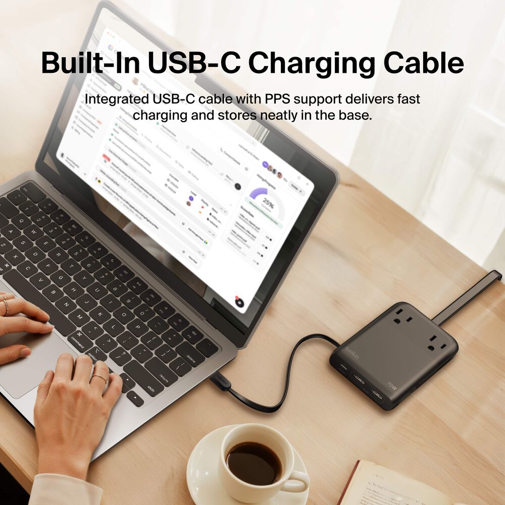2-Outlet Charging Station with USB Ports and USB-C Cable 70W, Black, hi-res