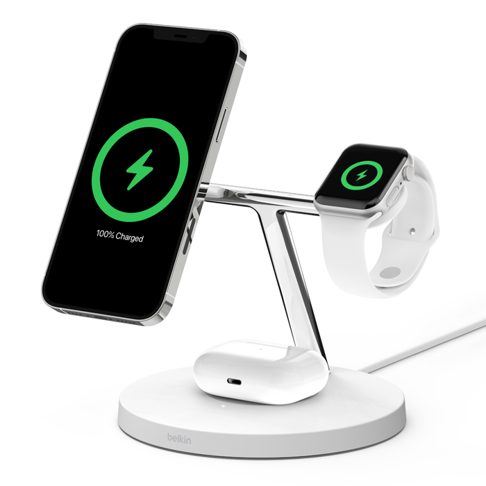 Caricabatteria wireless 3 in 1 con MagSafe, 15 W, Bianco, hi-res
