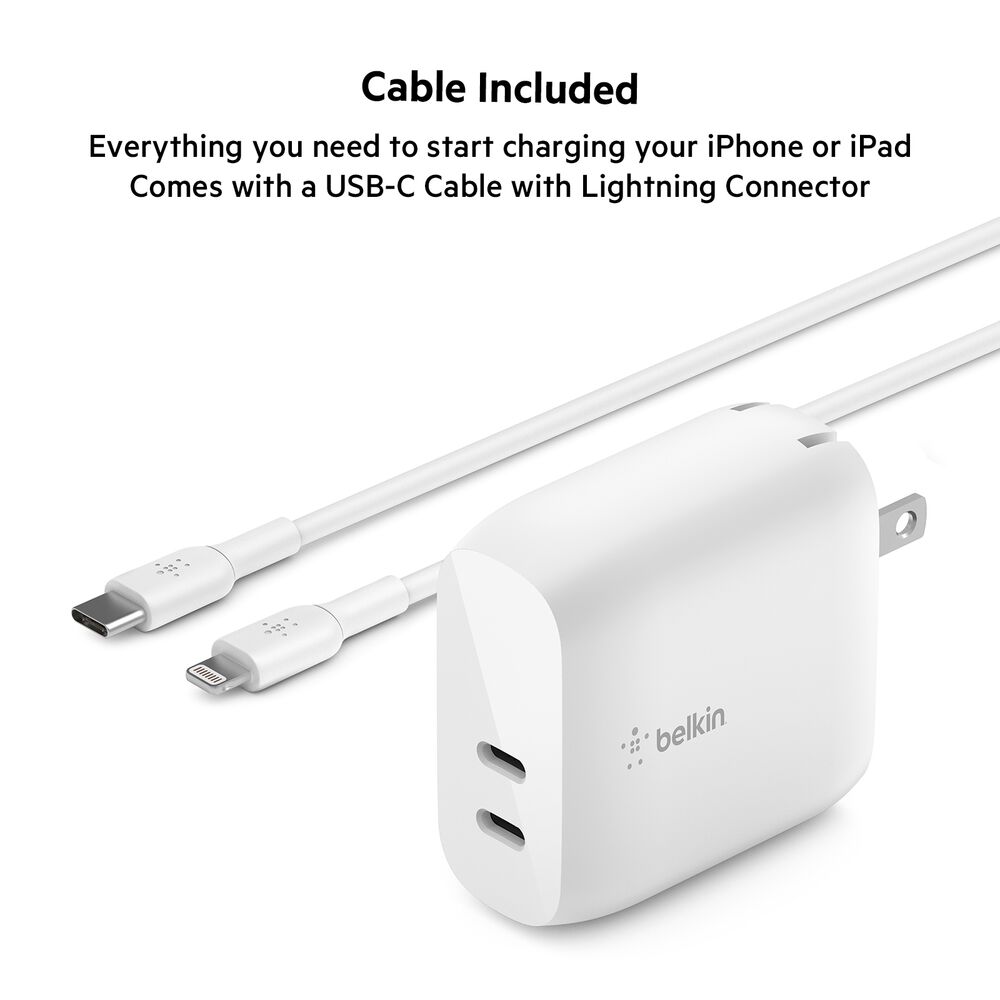 Dual USB-C PD Wall Charger 40W + USB-C to Lightning Cable, White, hi-res