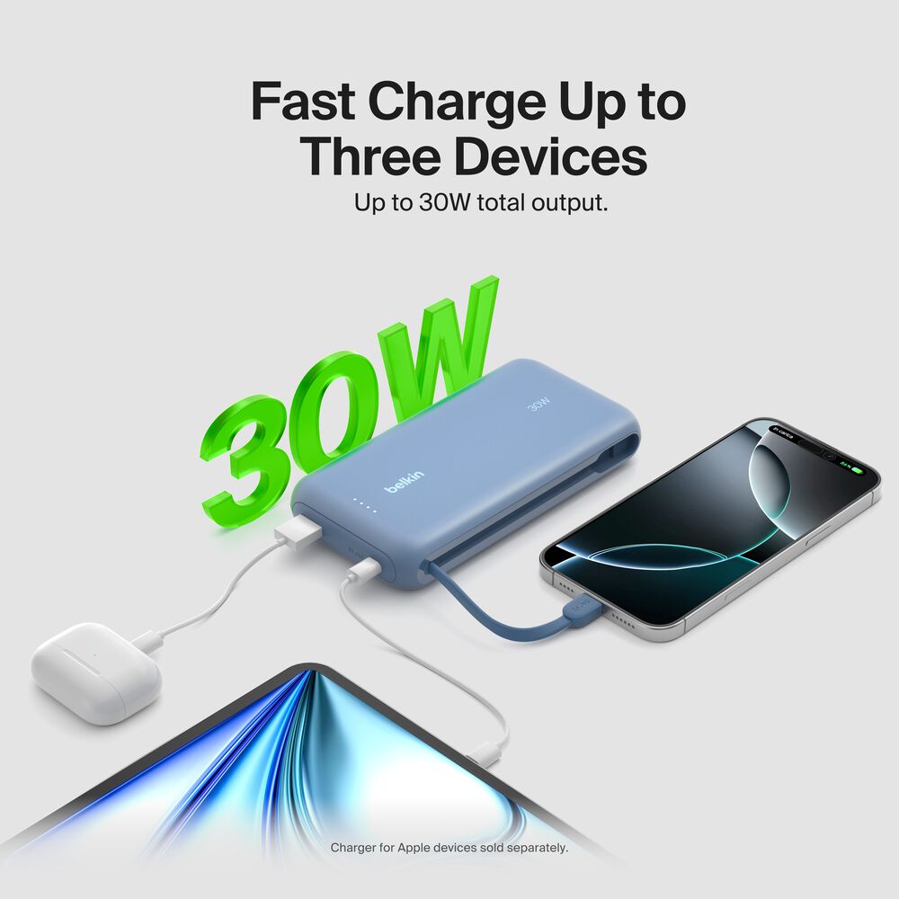 Power Bank 20K with Integrated Cable, Blue, hi-res