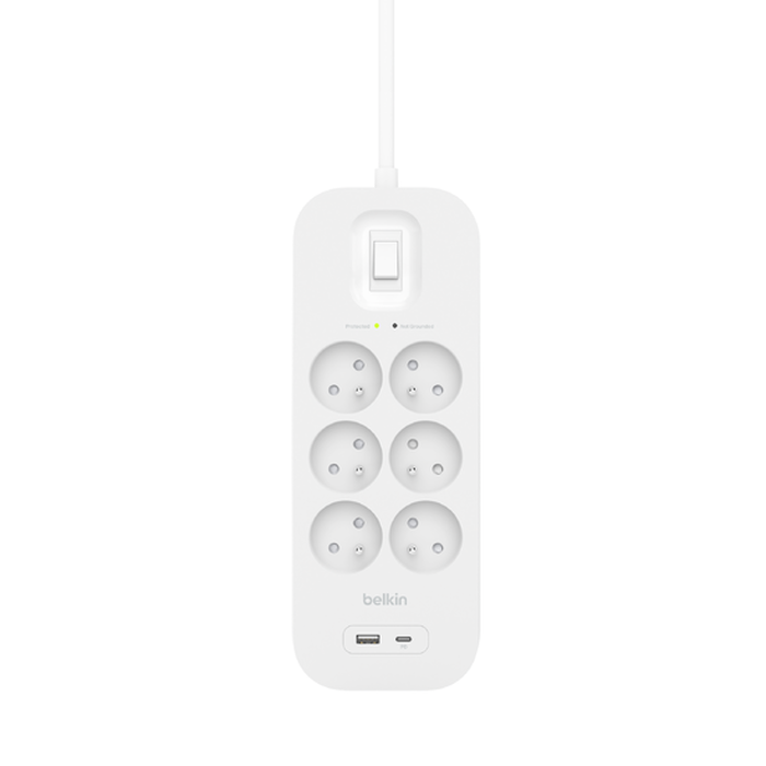 Multiprise parafoudre avec ports USB-C et USB-A (6 prises,1 port USB-C et 1 port USB-A), , hi-res