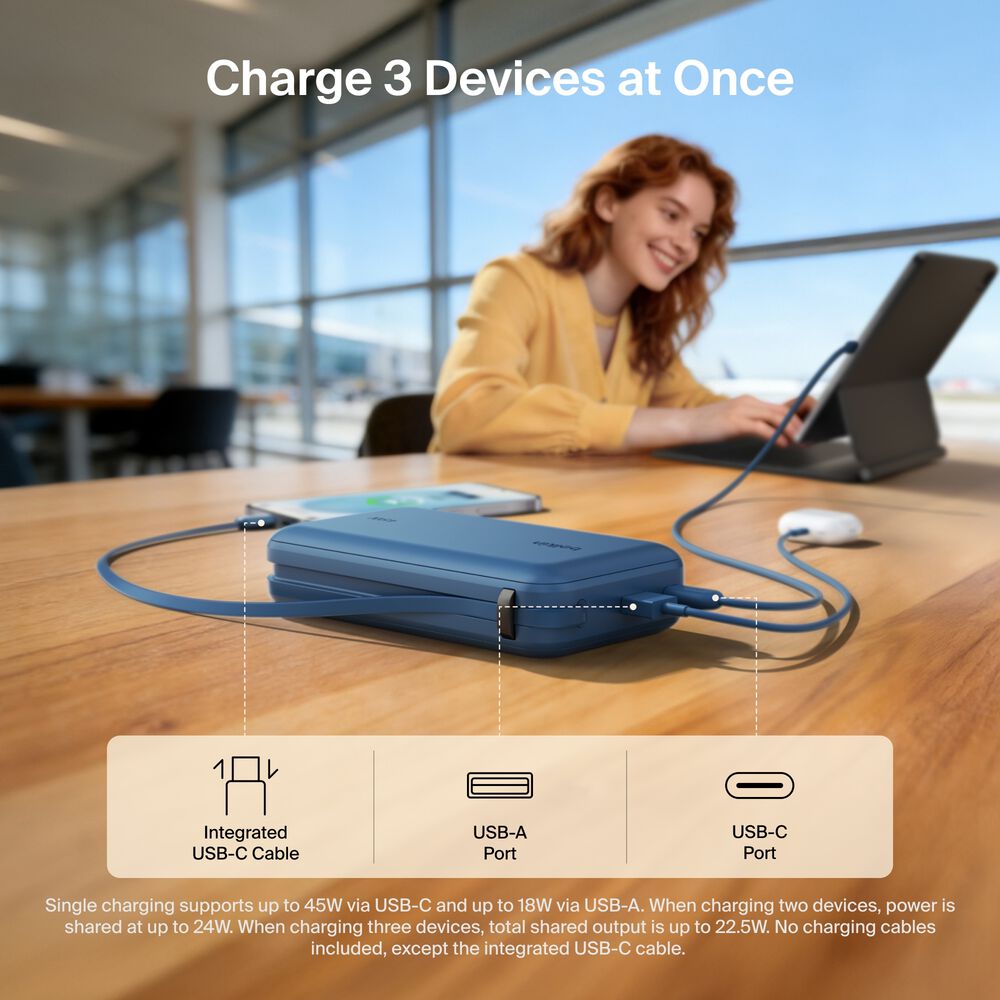 Power Bank 20K with Integrated Cable and Display, Blue, hi-res