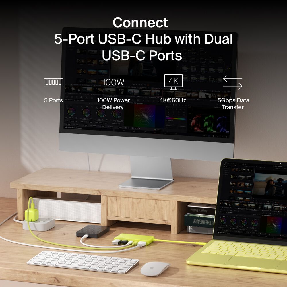 5-Port USB-C Hub with Dual USB-C Ports for MacBook Neo, Citrus Yellow, hi-res