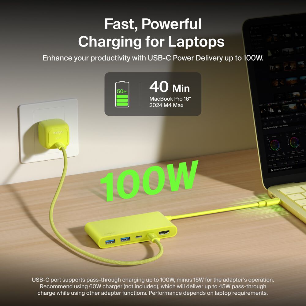 5-Port USB-C Hub with Dual USB-C Ports for MacBook Neo, Citrus Yellow, hi-res