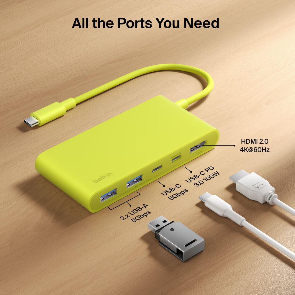 5-Port USB-C Hub with Dual USB-C Ports for MacBook Neo, Citrus Yellow, hi-res