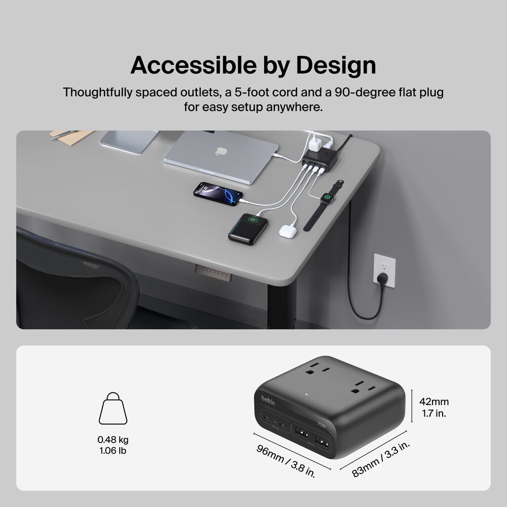 3-Outlet Charging Station with 2 USB-A and 2 USB-C Ports 70W, Black, hi-res
