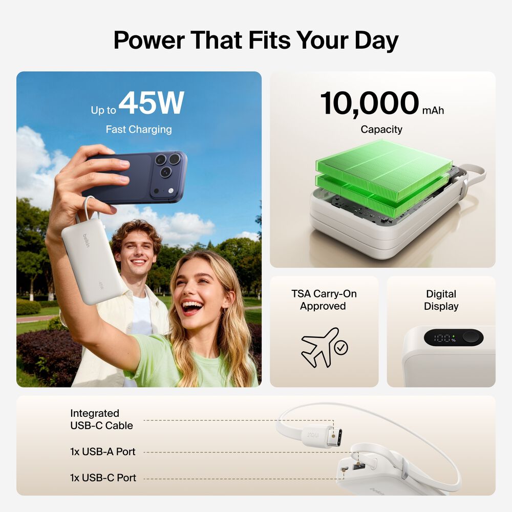 Power Bank 10K with Integrated Cable and Display, Sand, hi-res