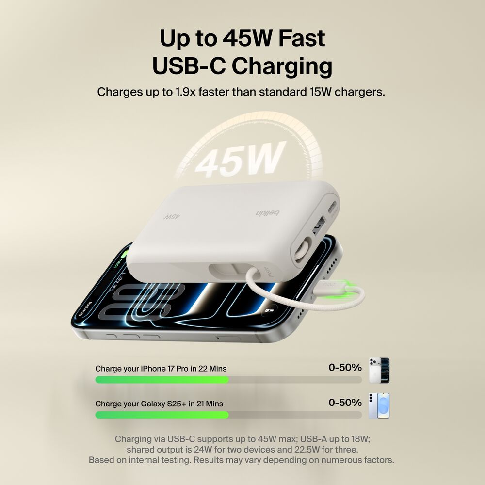 Power Bank 10K with Integrated Cable and Display, Sand, hi-res