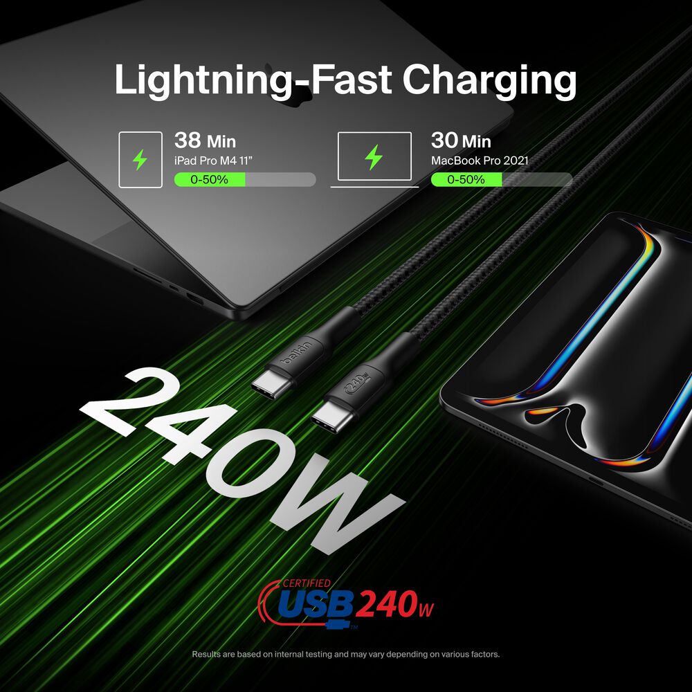 USB-C to USB-C Braided Cable 240W, 3.3ft/1m, Black, Black, hi-res