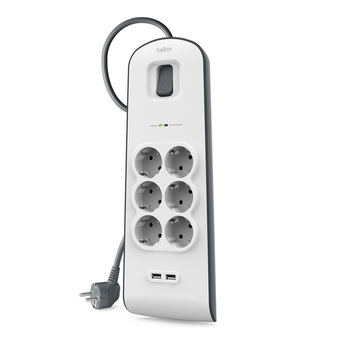 Spanningsbeveiliger met 6 stopcontacten en USB-laadpoorten (2,4 A), White/Gray, hi-res