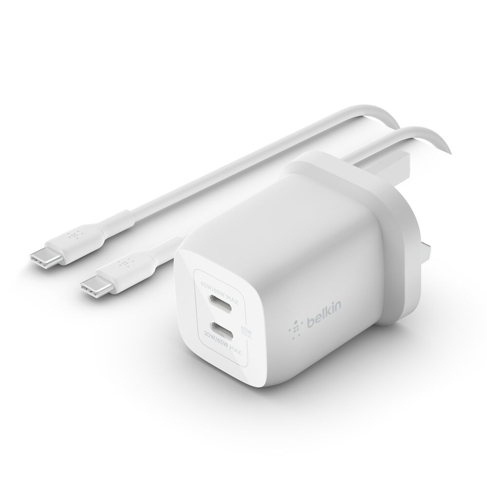 Caricatore USB-C GaN Da 65W Belkin, 2 Porte, Con Cavo - Ricarica Rapida PD Per IPhone, MacBook, Samsung, IPad, Nintendo Switch