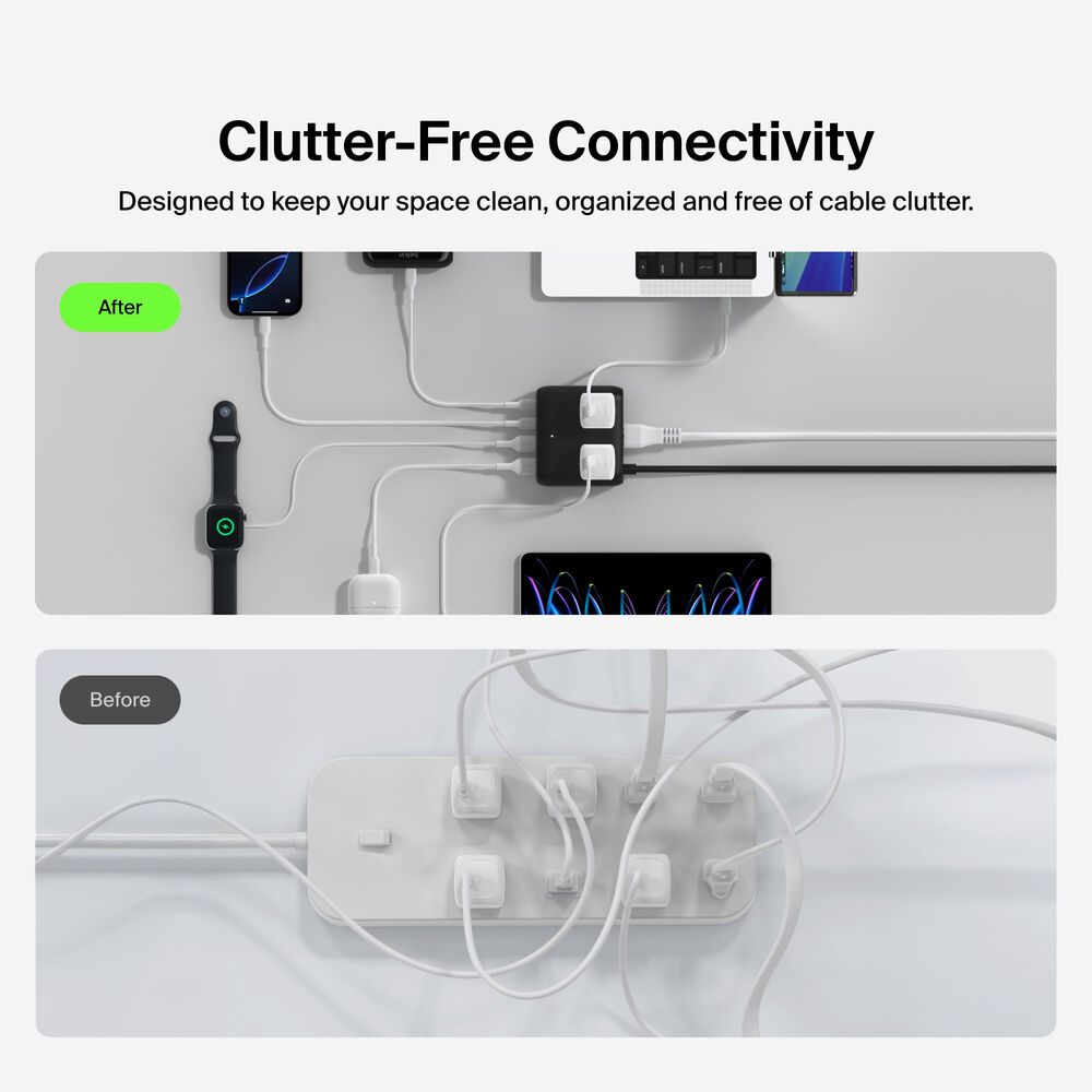 3-Outlet Charging Station with 2 USB-A and 2 USB-C Ports 70W, Black, hi-res