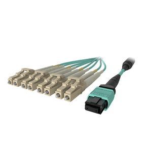 MTP to LC Fiber Optic Cable, 40GB Aqua Multimode MTP/8x LC, 50/125, OM3, Plenum, Aqua, hi-res