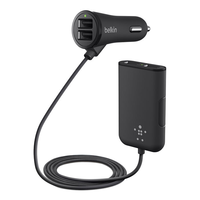 4-Port USB-A Car Charger with Extendable Hub