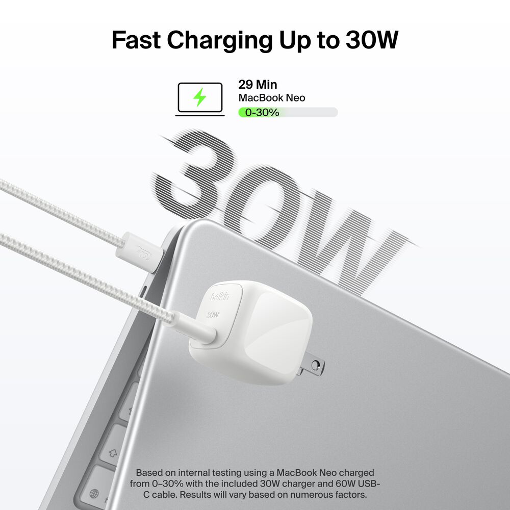 Compact USB-C Charger 30W + Braided USB-C Cable for MacBook Neo, Silver, hi-res