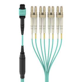 MTP to LC Fiber Optic Cable, 40GB Aqua Multimode MTP/8x LC, 50/125, OM3, Plenum, Aqua, hi-res