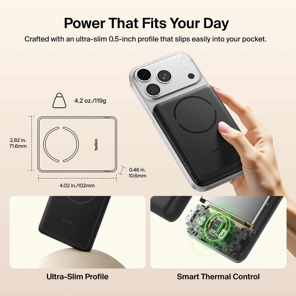 Slim Magnetic Power Bank 5K with Qi2, Black, hi-res
