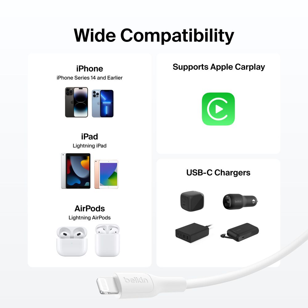 USB-C Cable with Lightning Connector, 3.3ft/1m, White, White, hi-res