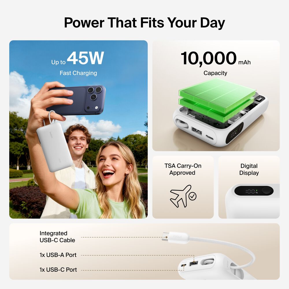 Power Bank 10K with Integrated Cable and Display, White, hi-res