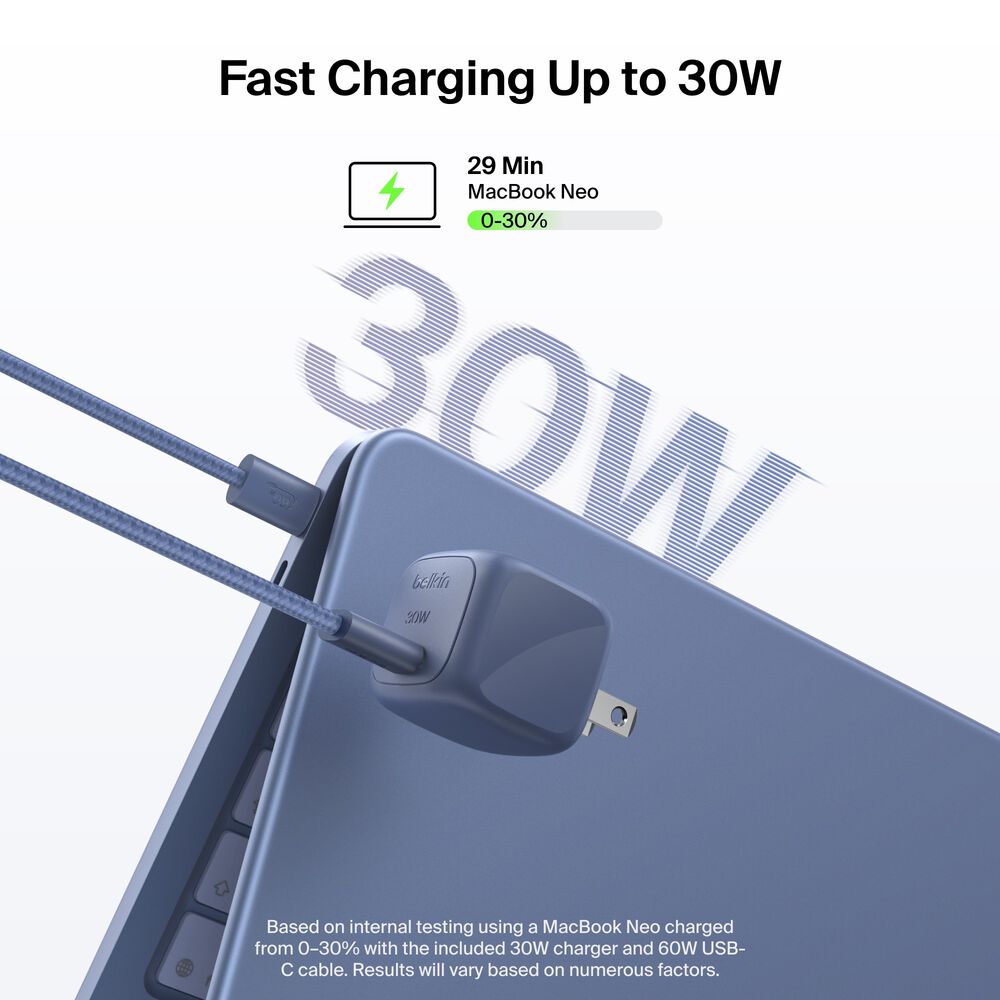 Compact USB-C Charger 30W + Braided USB-C Cable for MacBook Neo, Blue, hi-res