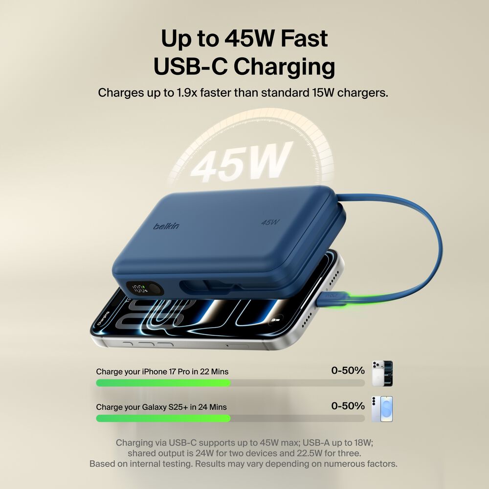 Power Bank 20K with Integrated Cable and Display, Blue, hi-res