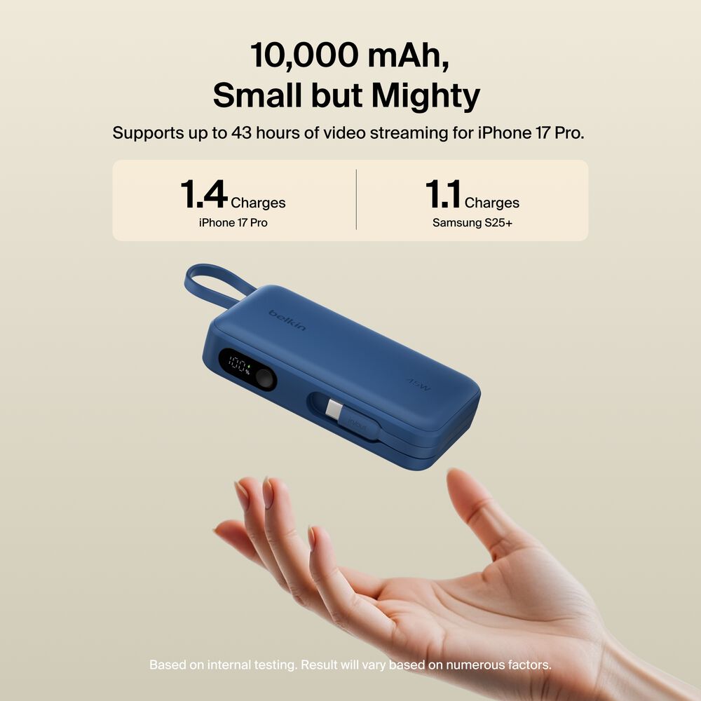 Power Bank 10K with Integrated Cable and Display, Blue, hi-res