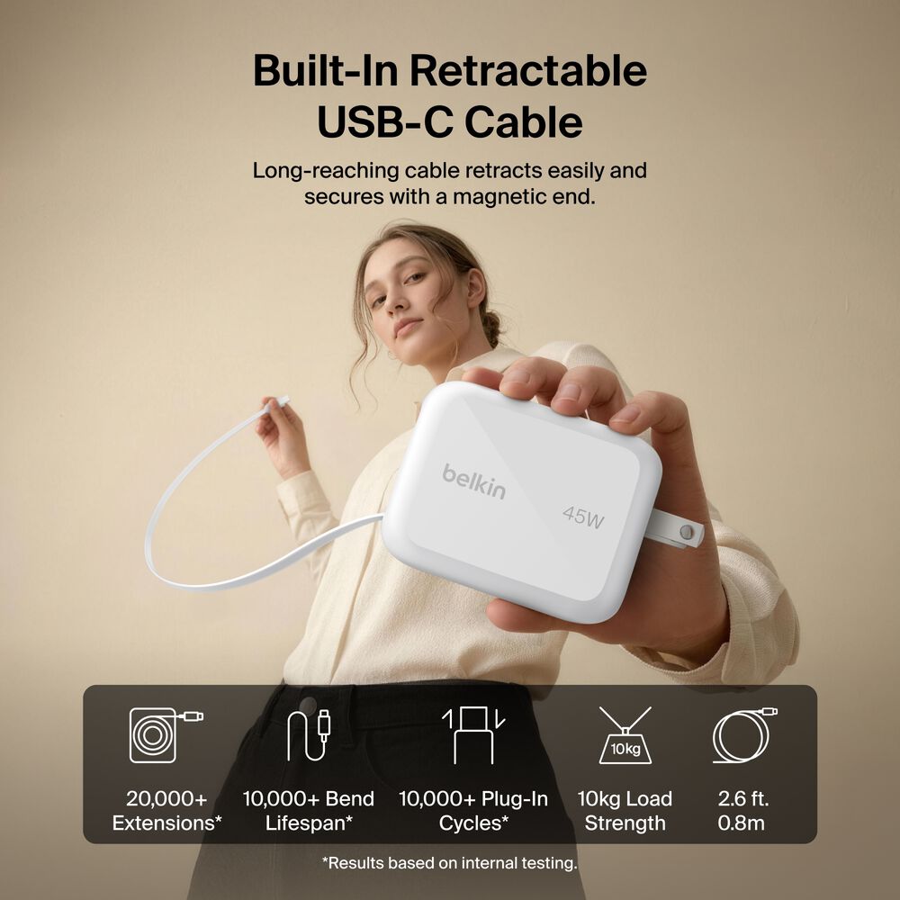 Retractable GaN Wall Charger 45W, , hi-res