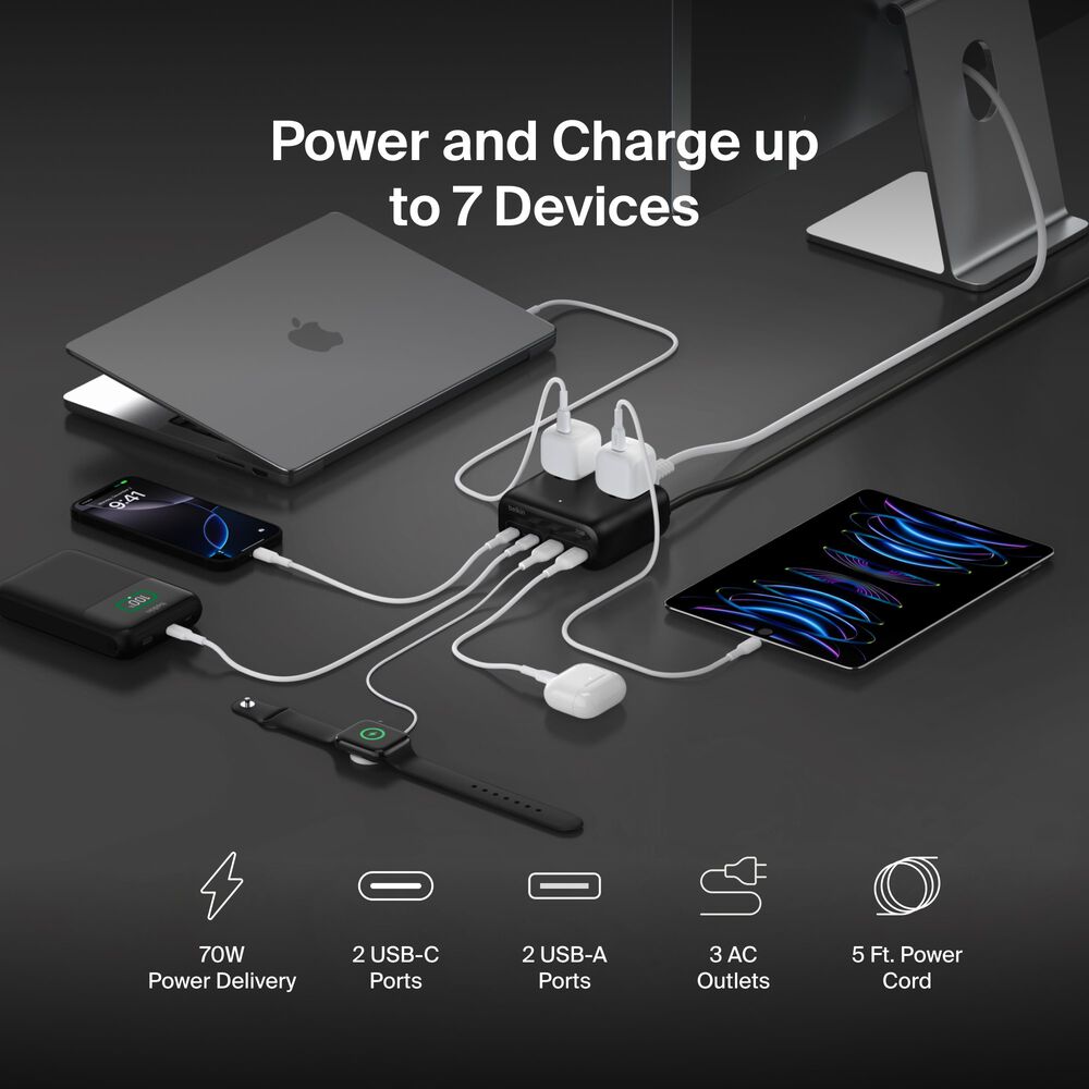 3-Outlet Charging Station with 2 USB-A and 2 USB-C Ports 70W, Black, hi-res
