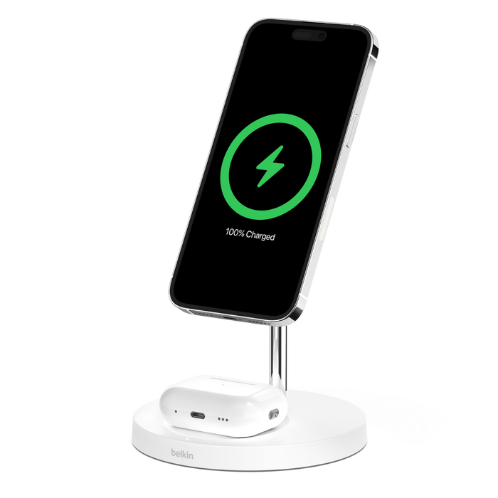 2-in-1 Wireless Charger Stand with Official MagSafe Charging 15W, White, hi-res