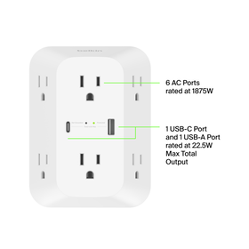 6 Outlet Wall Surge Protector with USB-C and USB-A, , hi-res