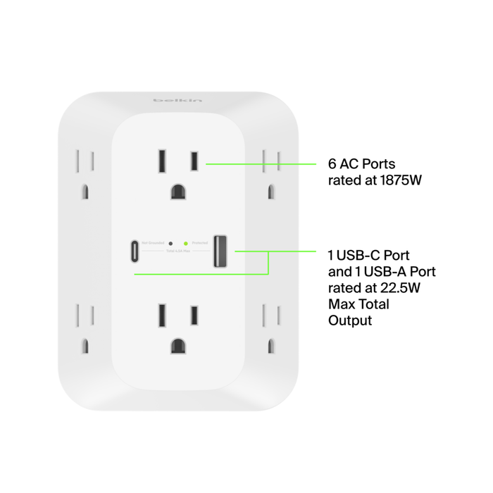 6 Outlet Wall Surge Protector with USB-C and USB-A, , hi-res