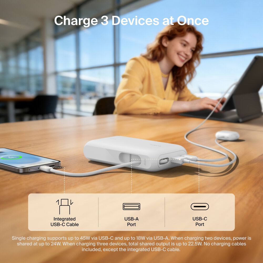 Power Bank 10K with Integrated Cable and Display, White, hi-res