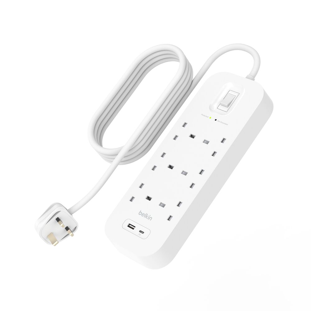 防雷拖板連 USB-C 和 USB-A 連接埠 (6 位連 1 個 USB-C 和 1 個 USB-A) | Belkin HK