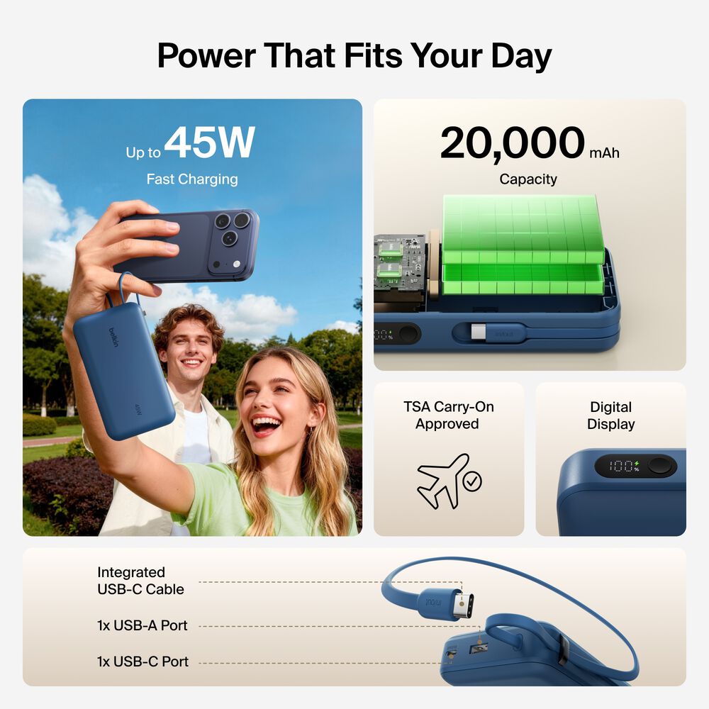 Power Bank 20K with Integrated Cable and Display, Blue, hi-res