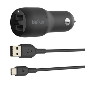 Dual USB-A Car Charger 24W  + USB-A to USB-C Cable, Negro, hi-res