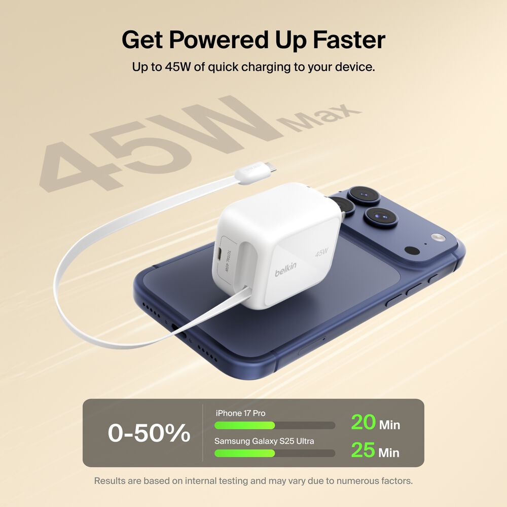 Retractable GaN Wall Charger 45W, , hi-res