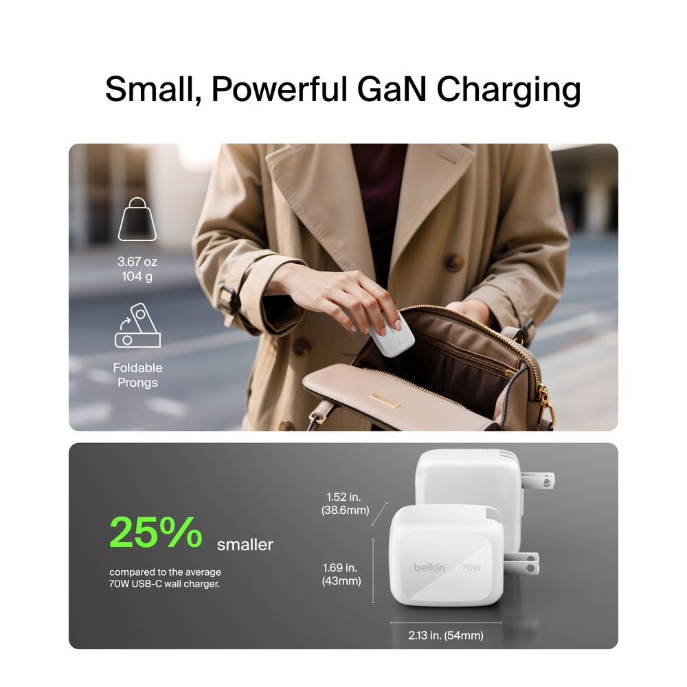 3-Port GaN Wall Charger 70W, White, hi-res
